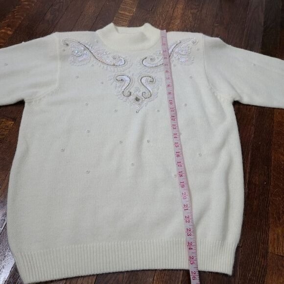 Vintage 90's Ivory Sequin Beaded Mockneck Sweater Medium - Picture 9 of 11